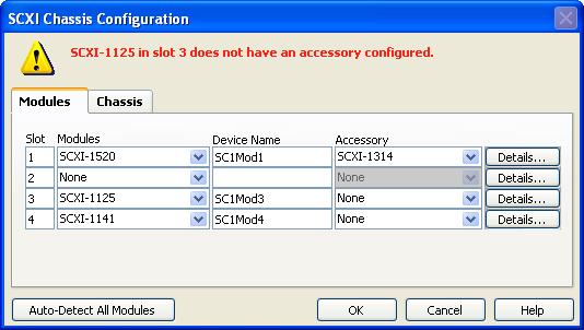 The SCXI Chassis Configuration dialog box should appear as shown in the following figure. Note The 1180 is a feedthrough panel and will not be detected as a module.