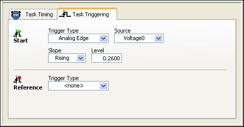 Lesson 3 Triggering 3. Click the Test button. 4. The test panel is empty because the task is waiting on the rising edge of the PFIO line before acquiring any data.