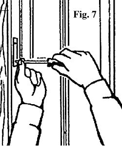 Make screw pilot-holes in door jamb (with a nail or 3/32 drill) and install the closure channel, using five of the 1 flathead screws. See figure 6a.