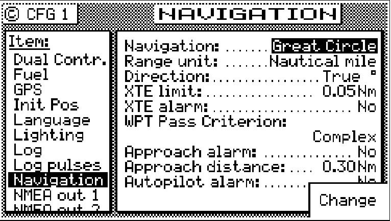 Navigation: Sets navigation to Rhumb Line (default) or Great Circle mode. Note: When the navigation mode is set to Great Circle, the PLOT screens will not show your course or cross-track error lines.