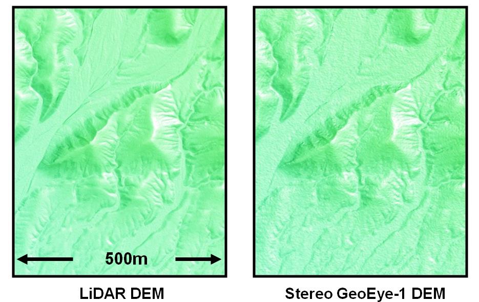 Figure 15. Images of the LiDAR and GeoEye-1 DEMs for a 500m wide area.