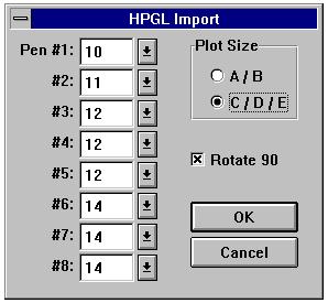 Commad referece HPGL Use this commad to merge a HPGL plot file ito the curretly active layer. After selectig a file to import, GerbTool displays the followig HPGL import dialog box.