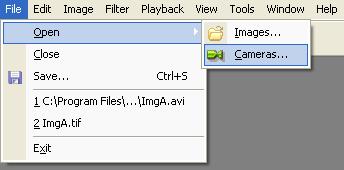 5.3. File Menu The File menu contains the following options: Open previously acquired and filed images. Open the camera window. Save images on the computer disk system and close windows.