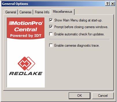 5.21.4. Miscellaneous Show Main Menu dialog at start-up: displays the main menu dialog box when MotionPro Central is initialized.