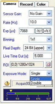 6.6.5. Exposure Modes To set the Exposure mode, Camera tab > Exposure Mode pull-down list indicate Single frame or Double (two frames consecutively).