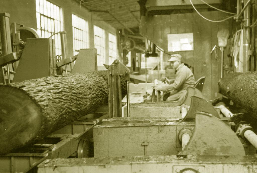 PAGE 46 2009 Machine Services Employee operating log carriage. Inside plant facilites at North Cochran Ave., Charlotte MI. Circa 1947. Sawn lumber ready for market.