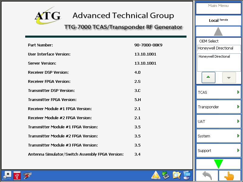 3. TouchScreen Application 3.1. Main Menu Figure 3.1.1 illustrates the TTG-7000 Main Menu. The Main Menu shows status of test set configuration and software versions.