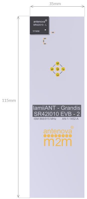 13.0 Reference Board Grandis The reference board has been designed for the purpose of evaluating the SR42I010 antenna and includes a SMA female connector.