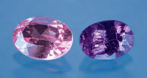 Figure 5. The two types of color-change garnets from Madagascar are shown here as they appear in day or fluorescent light (left) and incandescent light (right). The 0.