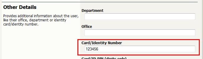 CBORD card number by simply putting the CBORD card/id number in the Card/Identity Number field in the PaperCut interface. This internal user account may now be used with any CBORD operating mode (e.g. Live or Manual) using any authentication method supported by PaperCut.