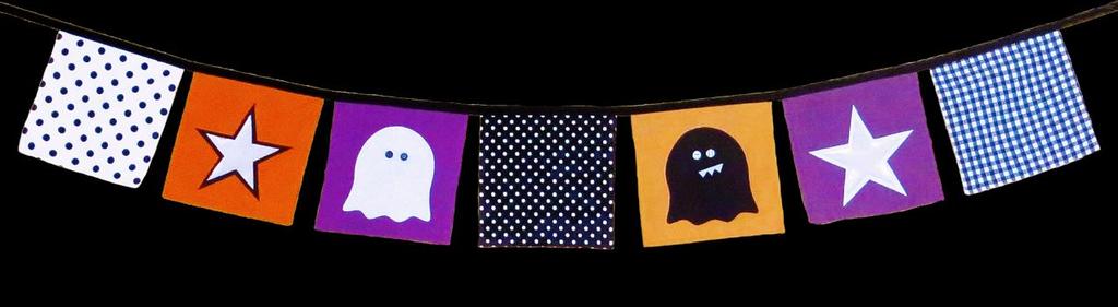 GHOSTS & GHOULS What You Will Need for the Bunting (2) 8 1/2in squares of orange-on-orange print fabric (2) 8 1/2in squares of solid purple fabric (3) 8 1/2in squares of black & white print fabric