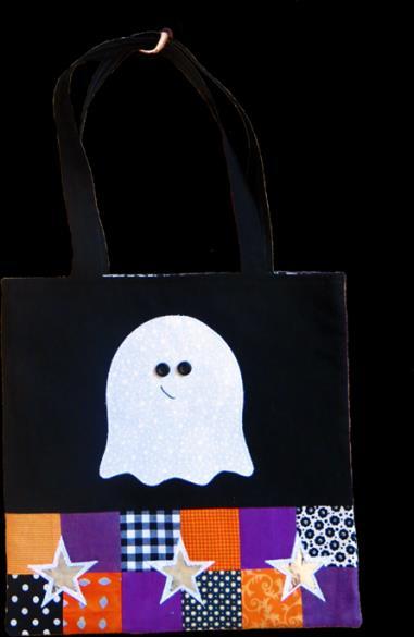 GHOSTS & GHOULS What You Will Need for the Trick or Treat Bag Scraps of solid purple, orange-on-orange print, and black & white print fabrics 35cm (3/8 yard) of solid black fabric 35cm (3/8 yard) of
