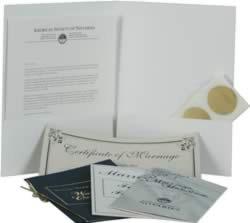 DELUXE MARRIAGE KIT Includes the Marriage Handbook, Ceremony Scripts (Traditional, Alternative, and Spanish), 10 Commemorative Marriage Certificates, Marriage Facts and Fancies and 10 gold foil seals.