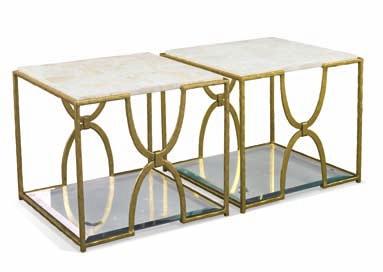White Fossil Stone top Iron base Lower Shelf is Clear Glass with a beveled edge Also available with Nickel Leaf finish, 965-120N Trifecta Collection Square lamp table addition to the Trifecta