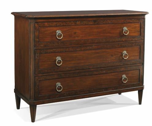 16 CHESTS & CABINETS An antiqued three drawer chest beautifully built with a gmelina case accented with walnut burl veneers mitered on the drawer fronts.