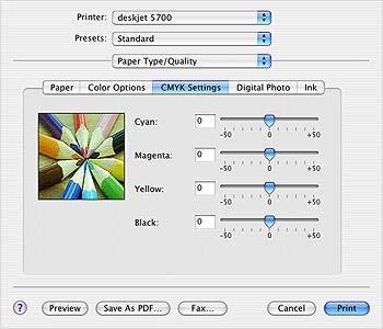 Chapter 5 CMYK settings Follow these steps to specify the CMYK settings: 1 Open the Print dialog box. 2 Select the Paper Type/Quality panel. 3 Click the CMYK Settings tab.