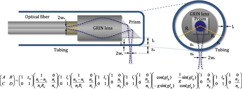 Fig. 4 Schematic and ABCD ray transfer matrix of a single GRIN lens-based probe with tubing: l 2 ; length between prism and tubing; n 2 ; refractive index of medium between prism and tubing; l t :