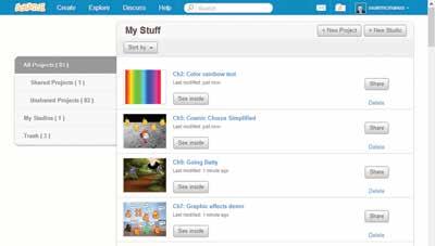 The My Stuff section shows all your projects, with those you most recently edited nearer the top.