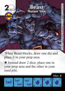 As an example of a When blocking effect, Beast, Mutate #666 allows you to draw a die and place it in your prep area when he blocks.