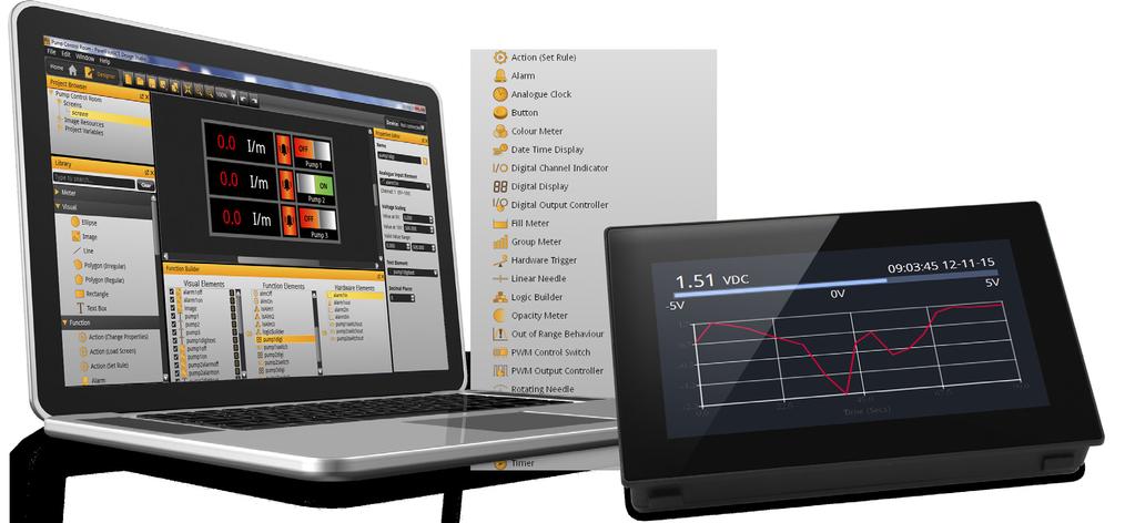 is a 4.3 capacitive touch display designed for use with PanelPilotACE Design Studio, a free drag-and-drop style software package for rapid development of advanced user interfaces and panel meters.