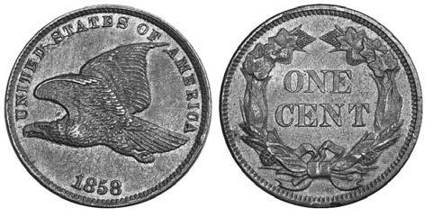 158P. 1858 Flying Eagle, Small Letters. Choice Borderline Unc, nice luster, cpl tiny mks. Initial appearance of Unc. A very nice original type coin. 159. 1859 Indian, one year type.