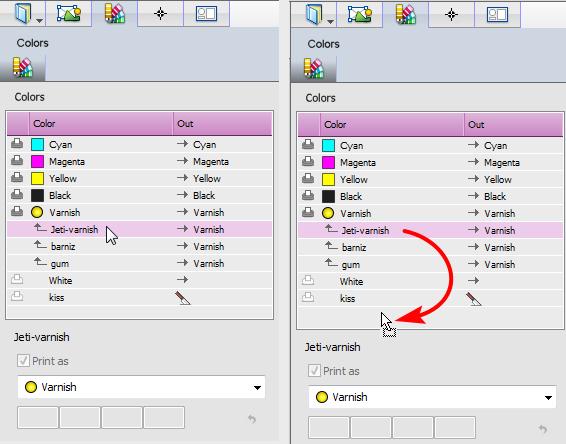 Now that Jeti-Varnish is part of the varnish category, you can redo exercise 5. You ll notice that the Jeti-Varnish spot color is now automatically mapped to the varnish ink. 5. To un-map a color from an automatically mapped ink, simply drag the spot color to an empty area of the Colors panel.
