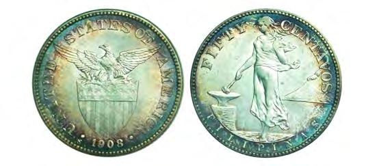 931P. 50 Centavos, 1908-S. KM-171. ANACS AU58, stunning electric blue and pale violet toned rims. Looks like a full Unc. ($200-250) 932. 50 Centavos, 1918-S and 1919-S. KM-171. ANACS MS61 and ICG AU58, full cartwheel luster.