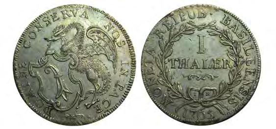 6 coins. ($75-100) 1009P. Basel. Taler, 1765-IH. Dav. 1754, KM-169. Nearly EF to EF, some trace adjustment mks but color and luster in protected areas of the design. Neat coin. ($300-400) 1001.