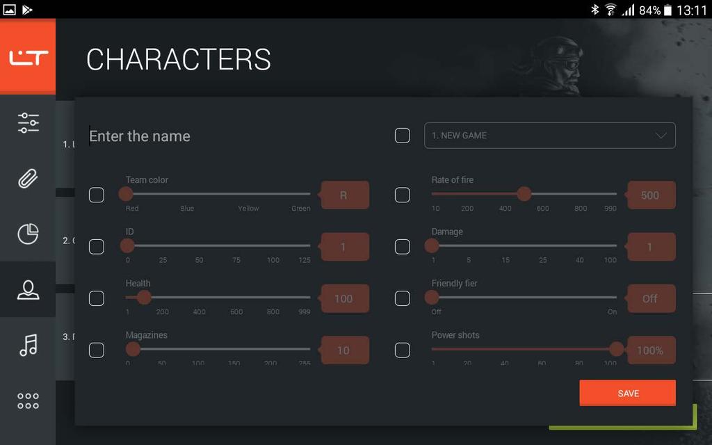 Enter the character name at the top of the window and move on to setting up parameters.
