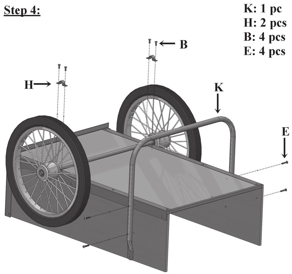 Attach the Axle Assembly to the bottom of the cart using two Axle Clamps (H) and four 5/8 Bolts (B). (See visual step 4).