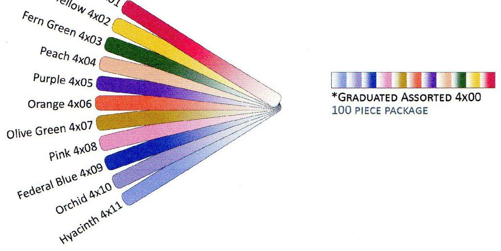Paplin Products Graduated Papers 12.5 long Each strip starts Light and deepens in centre and then fades to light again. Multi Colour Pack 100 strips 1/16 Code 4200 2.40 1/8 Code 4100 2.