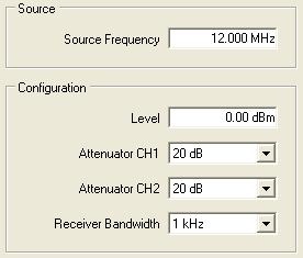 Bode 100 User Manual Figure 3-2: Configuration and measurement setup Set the output source generator frequency. Set the output source generator level. Select the channel 1 input attenuation.