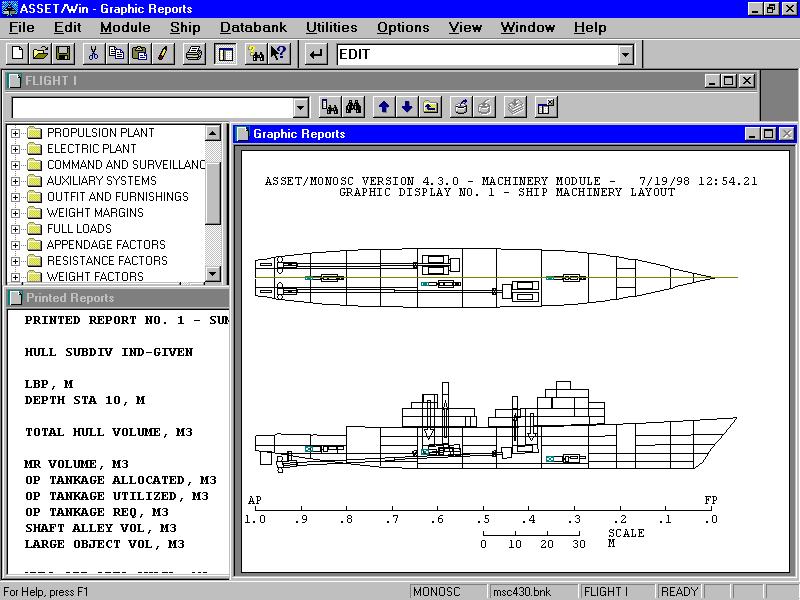 variable values. It performs computation for the various naval architectural domains, such as hull form, subdivision, structure, resistance, propulsion, machinery, space and hydrostatics.