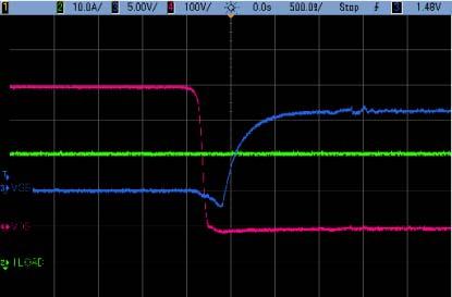 B-10 shows the drain to source voltage (VDS) and the gate to source (VGS) voltage of a Q2 MOSFET at a 50% load.