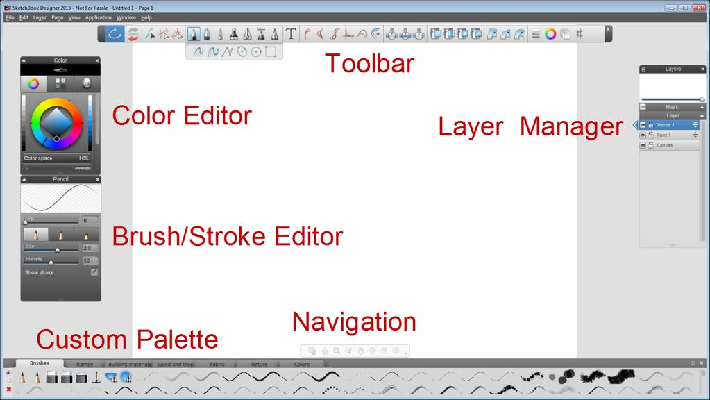Sketchbook Designer Tools Interface The SketchBook Designer interface includes toolbars, editors and palettes.