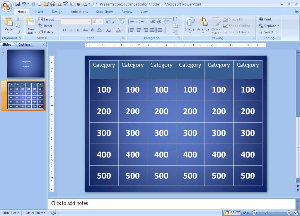 Steps to Create your Own Jeopardy Game Step One: Choose an appropriate color and fonts for your Jeopardy game and set it using the Background setting or a Design Theme.