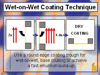 The first rule is: wet-on-wet coatings accumulates emulsion on the side of the screen opposite the coating trough.