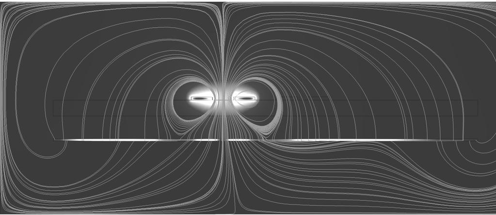 Densitatea de flux magnetic și liniile de câmp magnetic când distanța dintre C și returul ei este a = mm Figura 6. Densitatea de flux şi liniile de camp magnetic când C este o singură linie În fig.