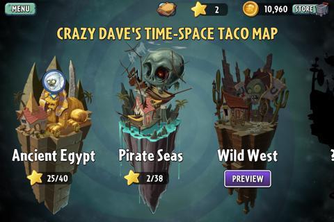 level types In Plants versus Zombies 2 you will have different time regions that you can journey to. You can travel to such areas as Egypt, Pirates on the high Seas, as well as the Wild West.