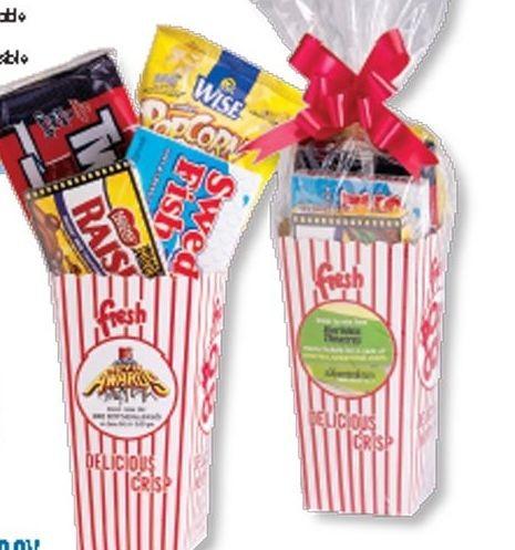 Open Top Movie Pack W/ Bow - Twizzlers/Raisinettes/Swedfish/Wise Popcorn Custom, Movie Theater, 4-1/2"x4"x8", Twizzler, Raisinettes, Swedish Fish, Wise Popcorn Colors: Assorted Imprint Information: