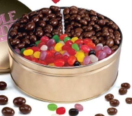 6-3/16"x1-5/8" Small 3-way Treat Tin 6-3/16"x1-5/8", Small, 3 Way, Treat Tin, Covered Raisin, Covered Peanut, Covered, Jelly Bean, Round Tin, Lid Colors: Red, White, Gleam Gold, Dark Green, Blue,
