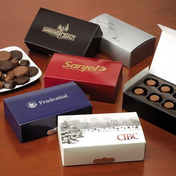 Custom Chocolates In Contemporary Box 7-1/8"x4-5/8"x2-5/8", Custom, Contemporary, Rectangle, Container, Candy Bar Colors: Black, Pewter, Royal Blue, White, Burgundy Red Imprint Information: