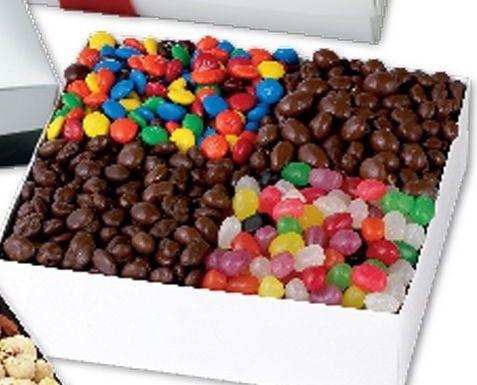 Elegant Gift Boxes - Sweets Sampler Elegant, Sweet Sampler, Classic Sweet, Chocolate Covered, Peanut, Jelly Bean, Raisin, M&M, Peanut M&M, Bagged Colors: White Bottom, Black Bottom, Red Lid, Black