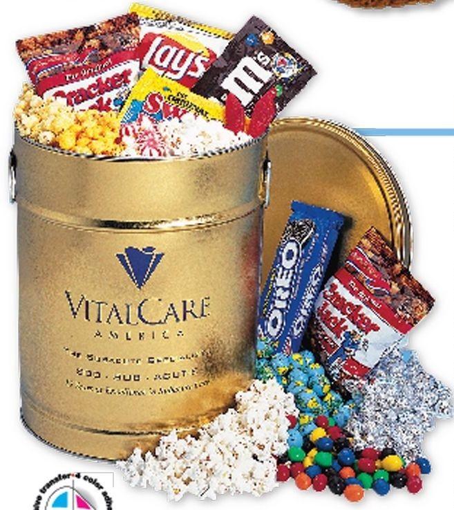 3-1/2 Gallon Crowd Pleaser Tin Crowd Pleaser, Round Tin, Side Handle, Lid, 3-1/2 Gallon, 4 Popcorn Bag, 4 Assorted Cookie Colors: Red, White, Gold, Forest Green, Dark Blue, Black Imprint Information: