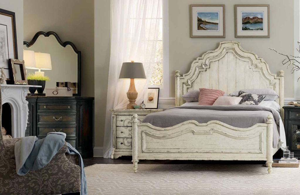 BEDROOM Let the stunning wood panel bed with a shaped headboard set the tone for elegance in your bedroom décor.