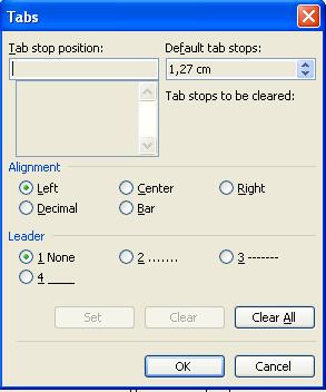 3.3.2.7 Folosirea şi setarea tabulatorilor: stânga, dreapta, centru, zecimal. O posibilitate de lucru cu tabulatori este prin intermediul Meniului Format - din care se alege opţiunea Tabs.