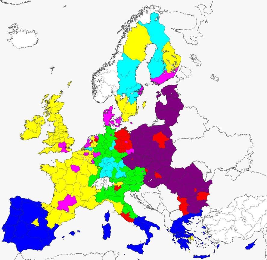 Figure 11: Typology of regional systems and modes of innovation in Europe Pink: Metropolitan knowledge-intensive services regions Yellow: Knowledge absorbing regions Red: Public knowledge