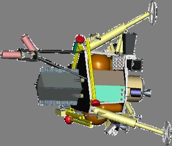 Liquid bi-propellant landing using high pressure lightweight thrusters and custom tanks.