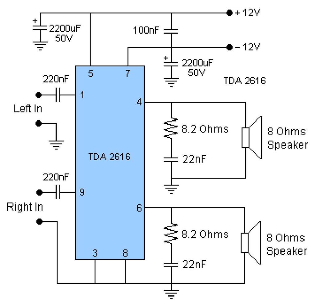 7 Watt Audio Amplifier with TDA2003 Schematic diagram of a simple 7 watt audio amplifier using TDA2003 Amplifier IC.