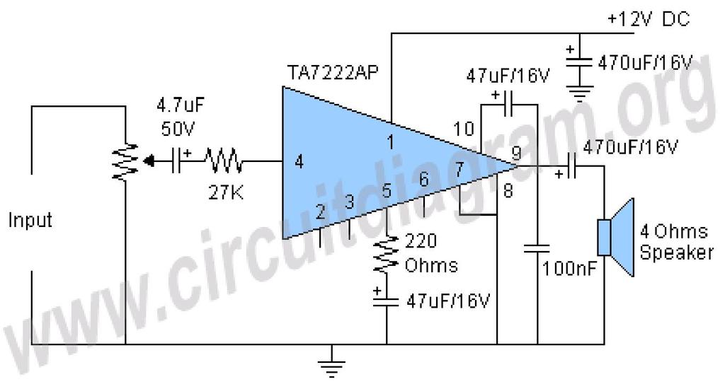 A simple circuit diagram of a 6 watt amplifier with TA7222AP IC.
